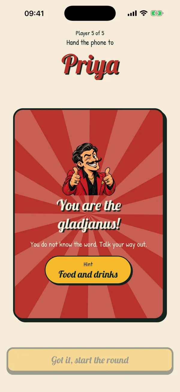 Priya's card: You are the gladjanus, with the hint Food and drinks.