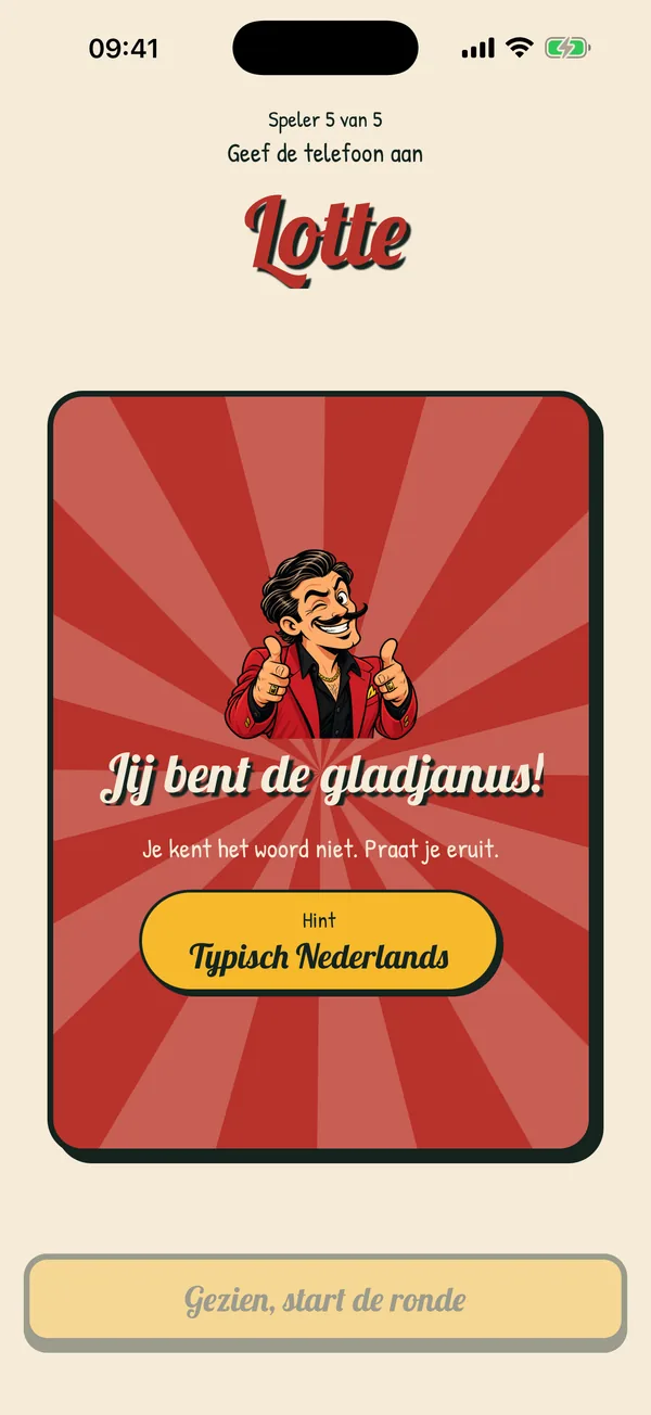 De kaart van Lotte: Jij bent de gladjanus, met als hint Typisch Nederlands.