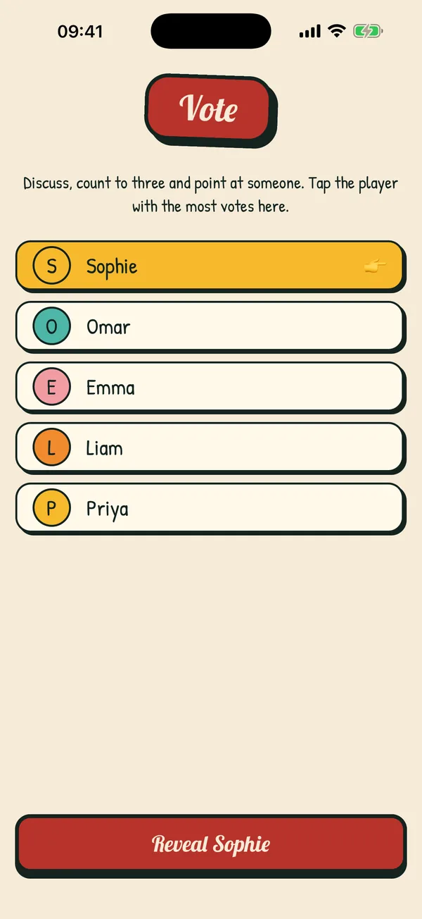 The voting screen with five players, Sophie is selected.