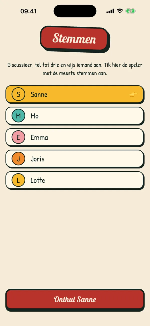 Het stemscherm met vijf spelers, Sanne is aangewezen.