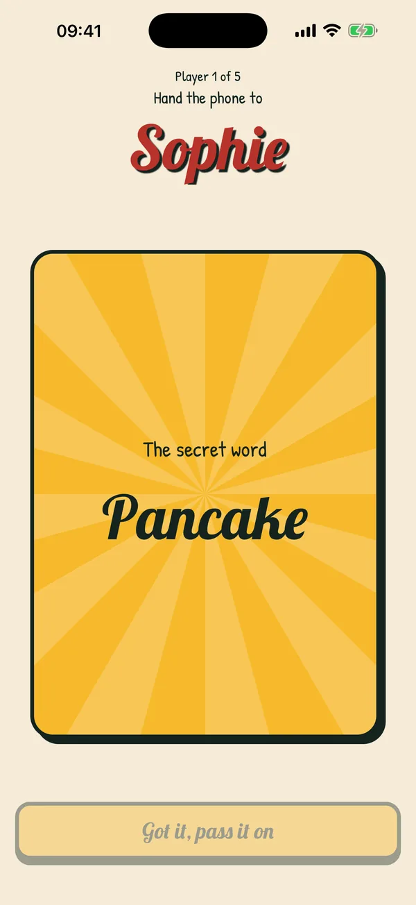 The pass screen: Sophie holds her card and sees the secret word Pancake.