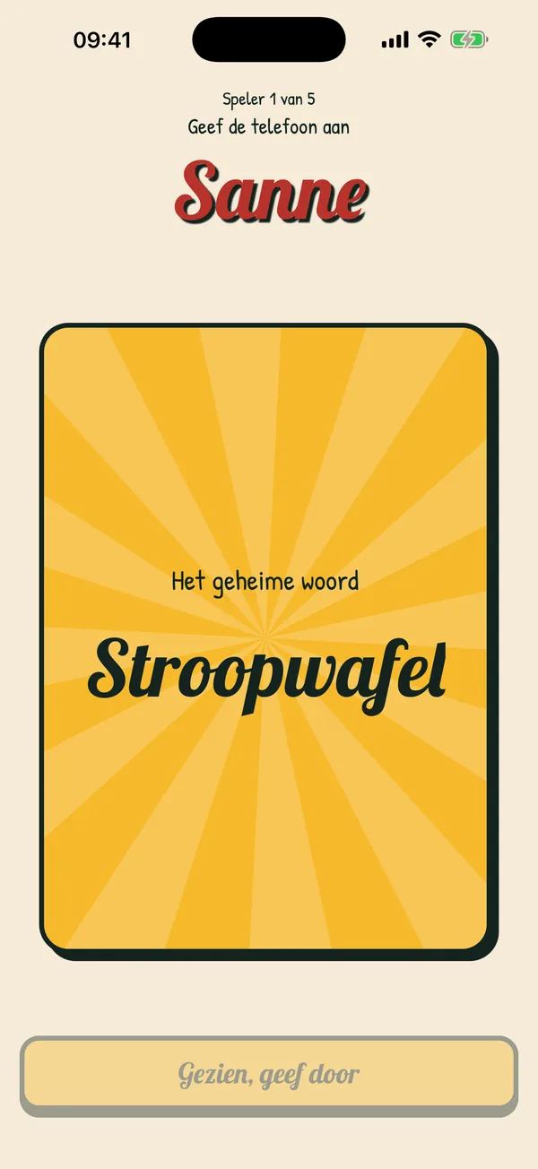 Het doorgeefscherm: Sanne houdt haar kaart ingedrukt en ziet het geheime woord Stroopwafel.